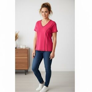 Bright Pink Shirt V Neck Short Sleeve Fitted Tee Size Large Fashion Bug